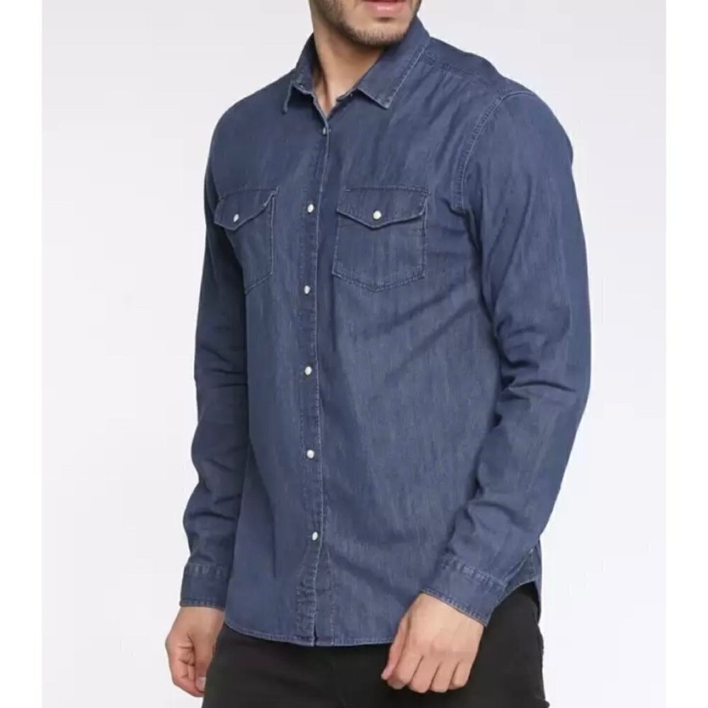 Jack Jones Shirt Size Small Blue Chambray Snap‎ Front Long Sleeve Retro Western